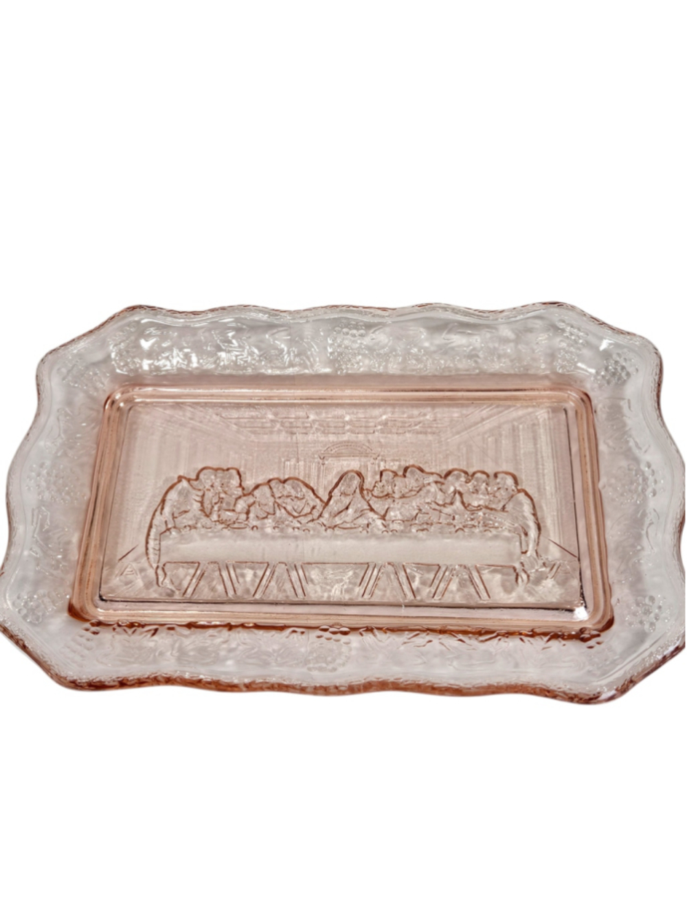 Vintage Tiara Indiana Glass Last Supper Pink Serving Tray Plate Depression Glass